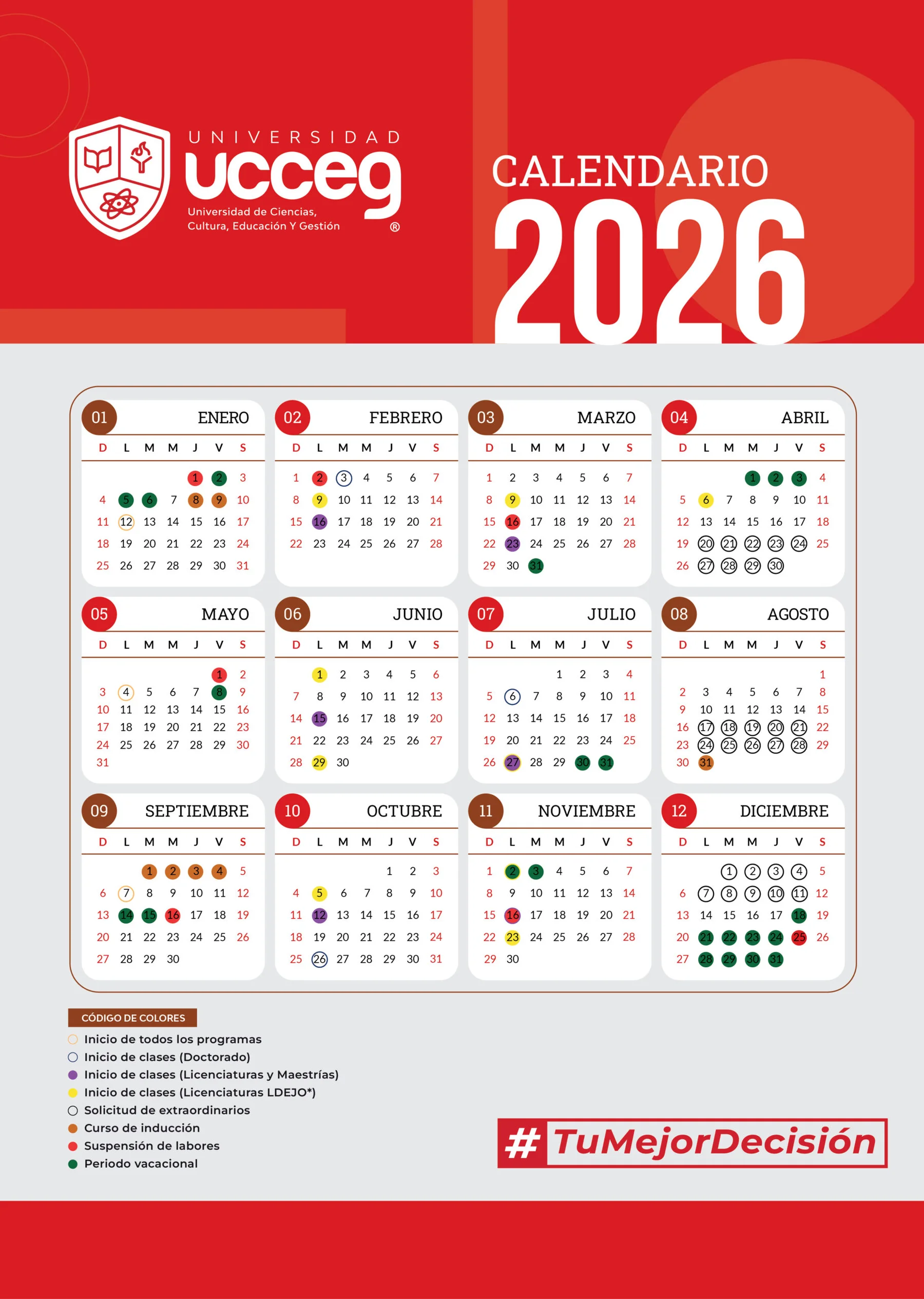 Calendario escolar 2026 de la Universidad UCCEG con los 12 meses y el código de colores